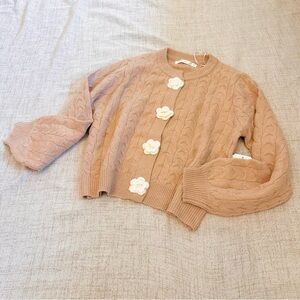 Altar'd State Tan Cable Knit Cardigan with Cream Flowers